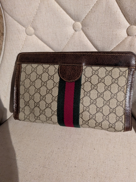 Gucci Handbags - Gucci Beige GG Canvas Clutch w COA  Brown Leather and Sherry Web Striping